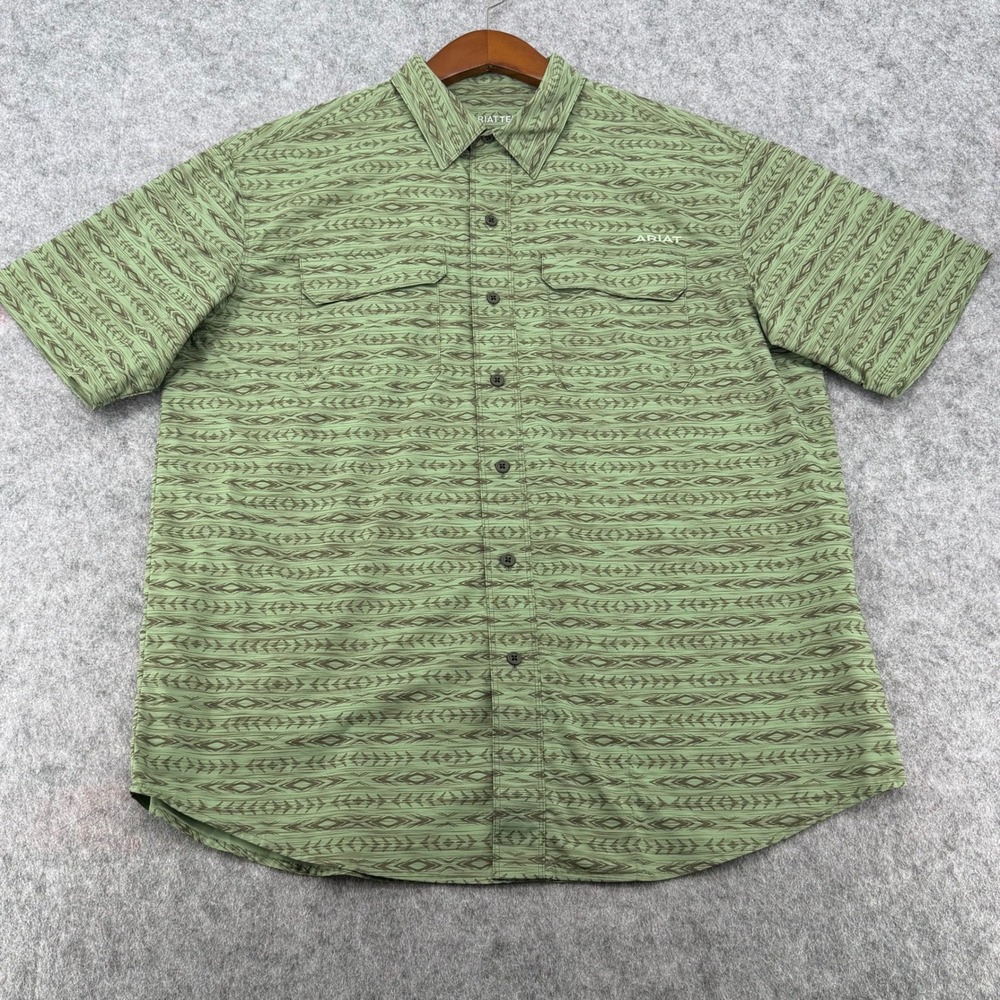 AriatTEK Mens Sage Green Geometric Tribal Print Short Sleeve Button Down Shirt M